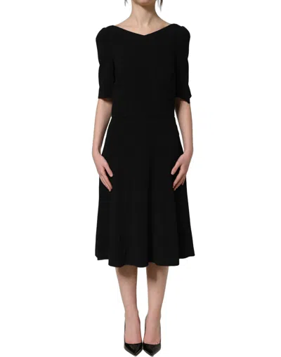Dolce & Gabbana Black Viscose Short Sleeve A-line Midi Women's Dress