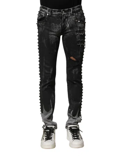 Dolce & Gabbana Black Washed Embellished Skinny Denim Jeans In Burgundy