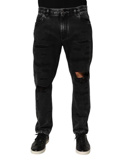 Dolce & Gabbana Black Washed Ripped Loose Cotton Denim Jeans In Gold