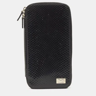 Pre-owned Dolce & Gabbana Black Watersnake Leather Zip Around Organizer