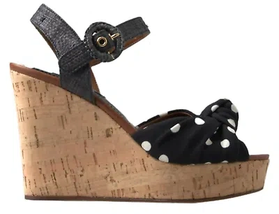 Pre-owned Dolce & Gabbana Chic Polka-dotted Ankle Strap Wedges In Black