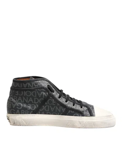 Dolce & Gabbana Black White Canvas Logo Mid Top Sneakers Shoes In Multi