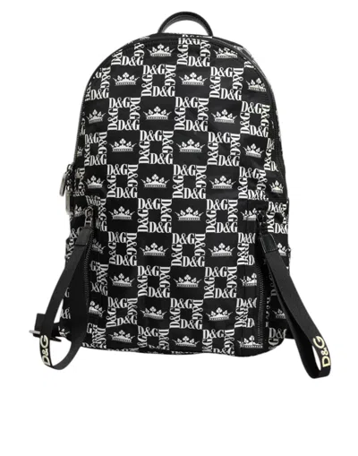 Pre-owned Dolce & Gabbana Black White Crown Printed Nylon School Backpack Men's Bag () In Black And White