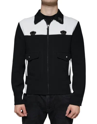 Pre-owned Dolce & Gabbana Black White Dg Crown Full Zip Blouson Men's Jacket () In Black And White