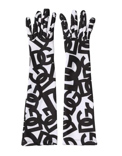 Dolce & Gabbana Black White Dg Logo Elbow Length Mitten Gloves