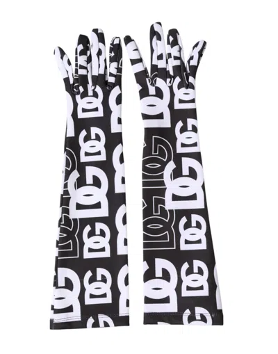 DOLCE & GABBANA DOLCE & GABBANA BLACK WHITE DG LOGO ELBOW LENGTH MITTEN WOMEN'S GLOVES