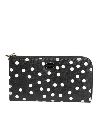 DOLCE & GABBANA DOLCE & GABBANA BLACK WHITE DOTTED LEATHER ZIP AROUND CONTINENTAL WOMEN'S WALLET