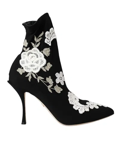 DOLCE & GABBANA BLACK WHITE EMBROIDERY SLIP ON BOOTS SHOES