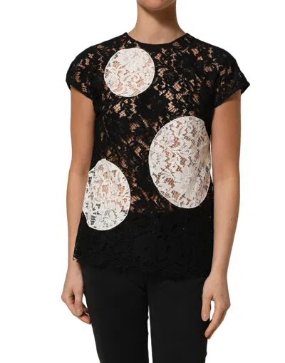 Dolce & Gabbana Black White Floral Lace Short Sleeve Blouse Women's Top