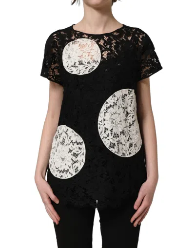 Dolce & Gabbana Black White Floral Lace Short Sleeve Blouse Women's Top