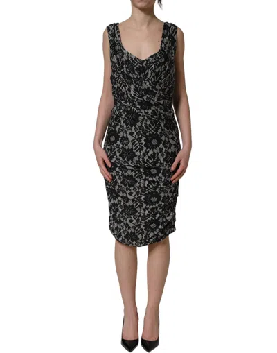 Dolce & Gabbana Black White Floral Lace Sleeveless Midi Women's Dress