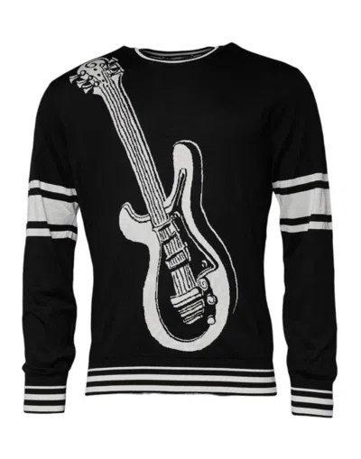 Dolce & Gabbana Black White Guitar Silk Crew Neck Sweater In Multi