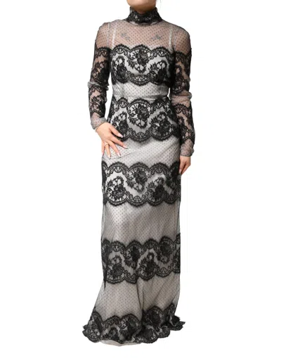 DOLCE & GABBANA BLACK WHITE LACE SILK BLEND MAXISHEATH DRESS