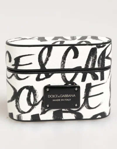 Dolce & Gabbana Black White Leather Monogram Print Logo Holder Airpods Case In Multi