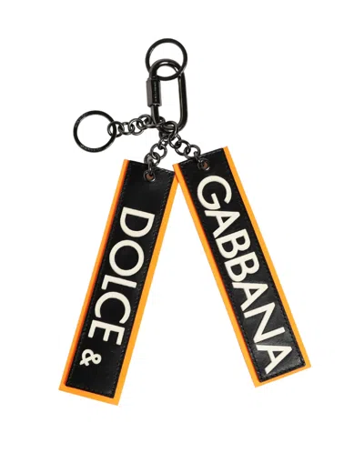 Dolce & Gabbana Black White Leather Nylon Logo Ring Keyring Women's Keychain In Metallic