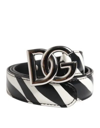 Pre-owned Dolce & Gabbana Black White Leather Silver Metal Buckle Women's Belt () In Multi
