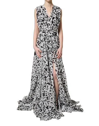 Dolce & Gabbana Black White Logo Sleeveless Floor Length Maxi Dress In Multi