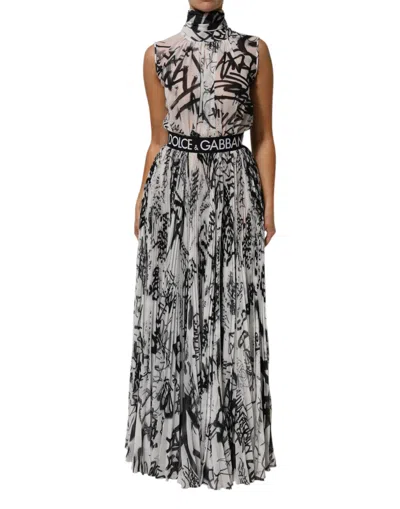 Dolce & Gabbana Black White Monogram Pleated Long Gown Dress In Multi