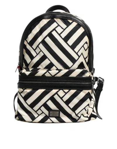 Pre-owned Dolce & Gabbana Black White Nylon Leather Travel Back Pack Men's Bag () In Black And White