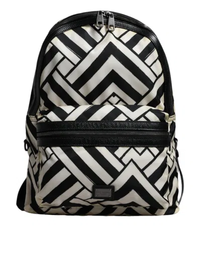 Pre-owned Dolce & Gabbana Black White Nylon Leather Travel Back Pack Women's Bag () In Black And White
