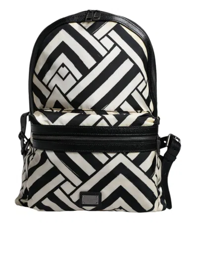Pre-owned Dolce & Gabbana Black White Nylon Leather Travel Back Pack Women's Bag () In Black And White