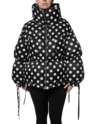 DOLCE & GABBANA DOLCE & GABBANA BLACK WHITE POLKA DOT FULL ZIP PUFFER WOMEN'S JACKET