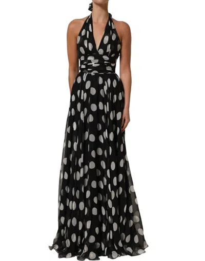 Pre-owned Dolce & Gabbana Black White Polka Dot Pleated Maxi Women's Dress ()