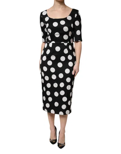 Dolce & Gabbana Black White Polka Dot Silk Sheath Midi Women's Dress In Multi