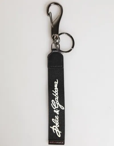 Dolce & Gabbana Black White Polyester Dg Logo Silver Men Keychain Keyring