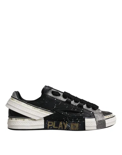 Pre-owned Dolce & Gabbana Black White Portofino Low Top Sneakers Men's Shoes () In Black And White