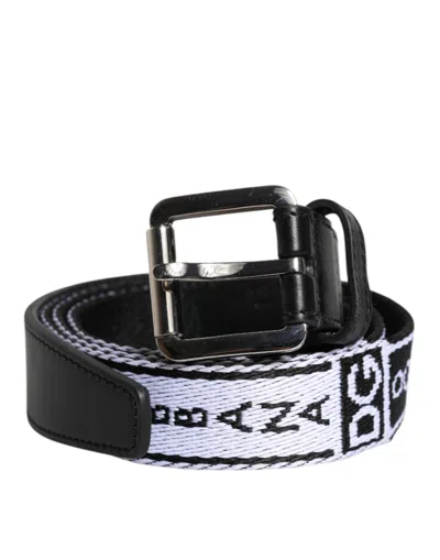 DOLCE & GABBANA DOLCE & GABBANA BLACK WHITE PRINTED METAL LOGO BUCKLE MEN'S BELT