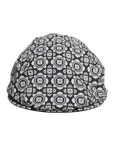 Dolce & Gabbana Black White Printed Newsboy Capello Cabbie Hat