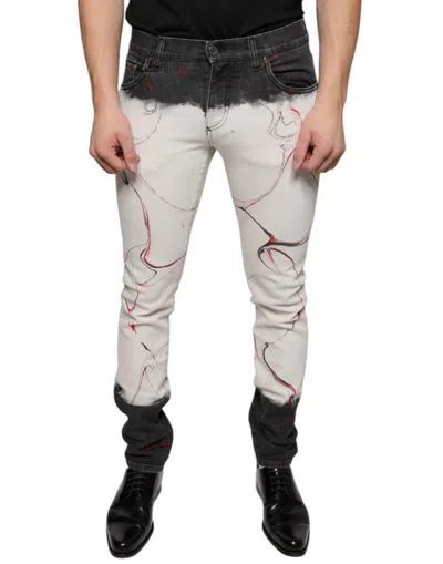 Dolce & Gabbana Black White Printed Skinny Men Denim Jeans In Multi
