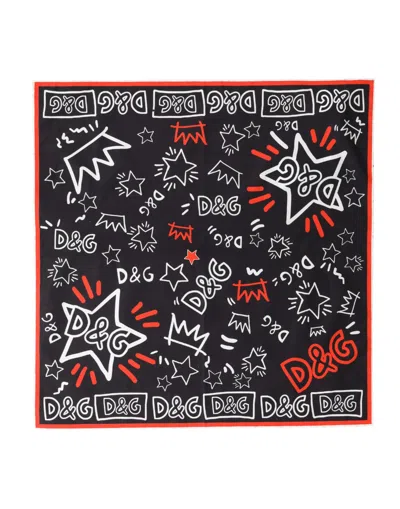 Dolce & Gabbana Black White Red Dg Crown Cotton Foulard 47cm X 46cm Women's Scarf In Black And White