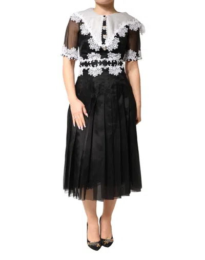 DOLCE & GABBANA BLACK WHITE SILK MACRAME LACE MIDI DRESS