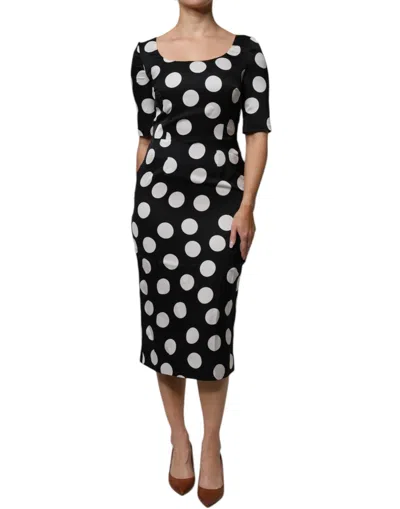 Pre-owned Dolce & Gabbana Black White Silk Polka Dots Sheath Midi Women's Dress () In Black And White