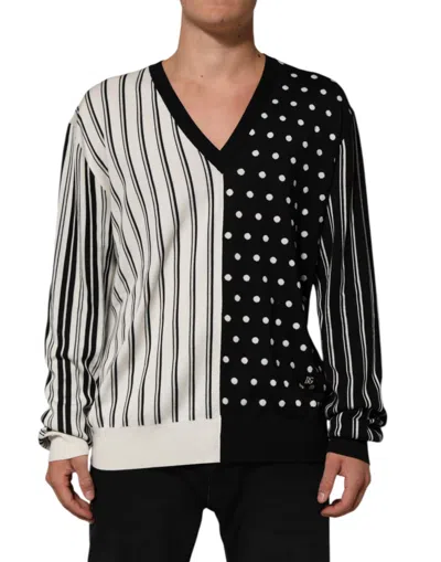 Pre-owned Dolce & Gabbana Black White Stripe Polka V-neck Pullover Men's Sweater () In Multi