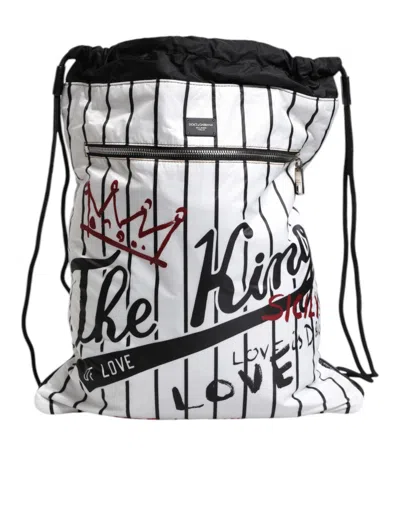 Pre-owned Dolce & Gabbana Black White Striped Polyester Drawstring Men's Bag () In Black And White