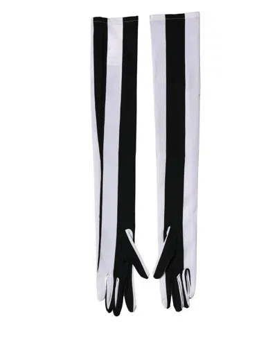 Dolce & Gabbana Black White Stripes Nylon Elbow Length Women Women's Gloves In Black/white