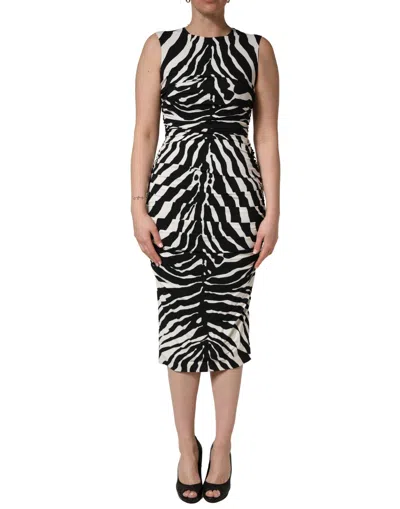 Dolce & Gabbana Black White Zebra Cady Calf Length Dress In Multi
