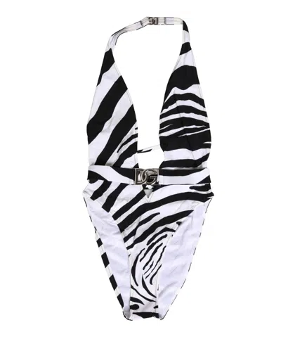 Dolce & Gabbana Black White Zebra Deep V-neck One Piece Swimwear In Multi
