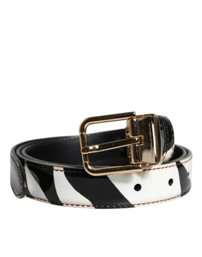 Pre-owned Dolce & Gabbana Black White Zebra Gold Metal Logo Buckle Men's Belt () In Multi