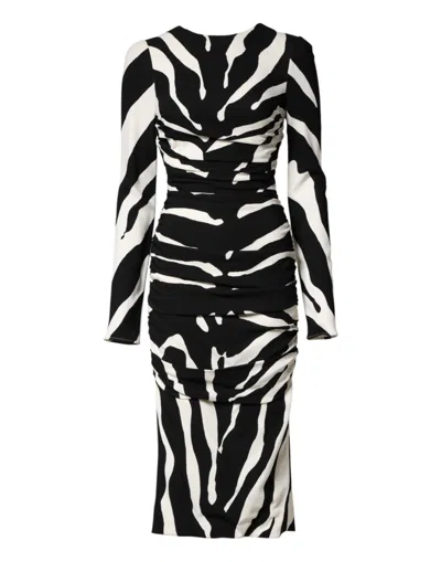 Pre-owned Dolce & Gabbana Black White Zebra Viscose Sheath Midi Women's Dress () In Multi