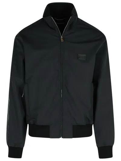 Dolce & Gabbana Zip-up Bomber Jacket With Logo Patch In Black