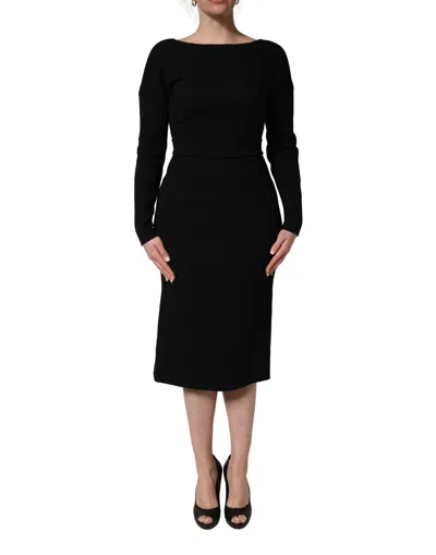 Dolce & Gabbana Black Wool Crepe Long Sleeves Midi Dress