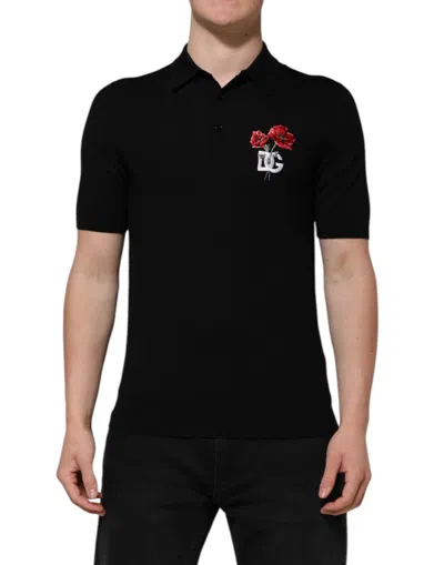 Dolce & Gabbana Black Wool Dg Logo Rose Collared Polo T-shirt