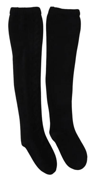 Pre-owned Dolce & Gabbana Black Wool Knit Calf Long Women Accessory Women's Socks ()