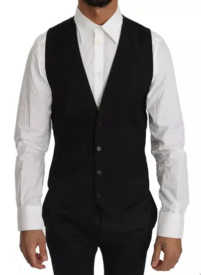 DOLCE & GABBANA BLACK WOOL LOGO WAISTCOAT VEST