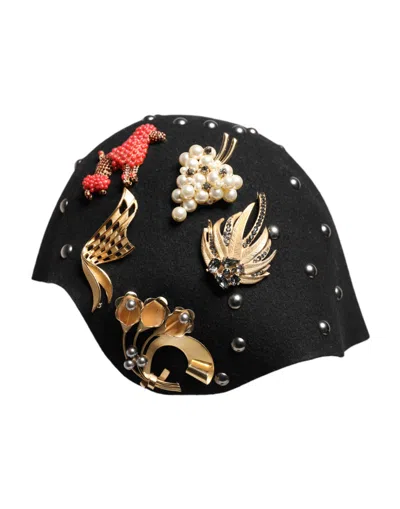 DOLCE & GABBANA DOLCE & GABBANA BLACK WOOL MULTICOLOR EMBELLISHED CLOCHE WOMEN'S HAT