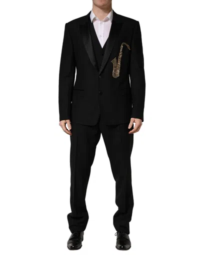 Dolce & Gabbana Black Wool Silk Saxophone Slim Fit 3pc Suit